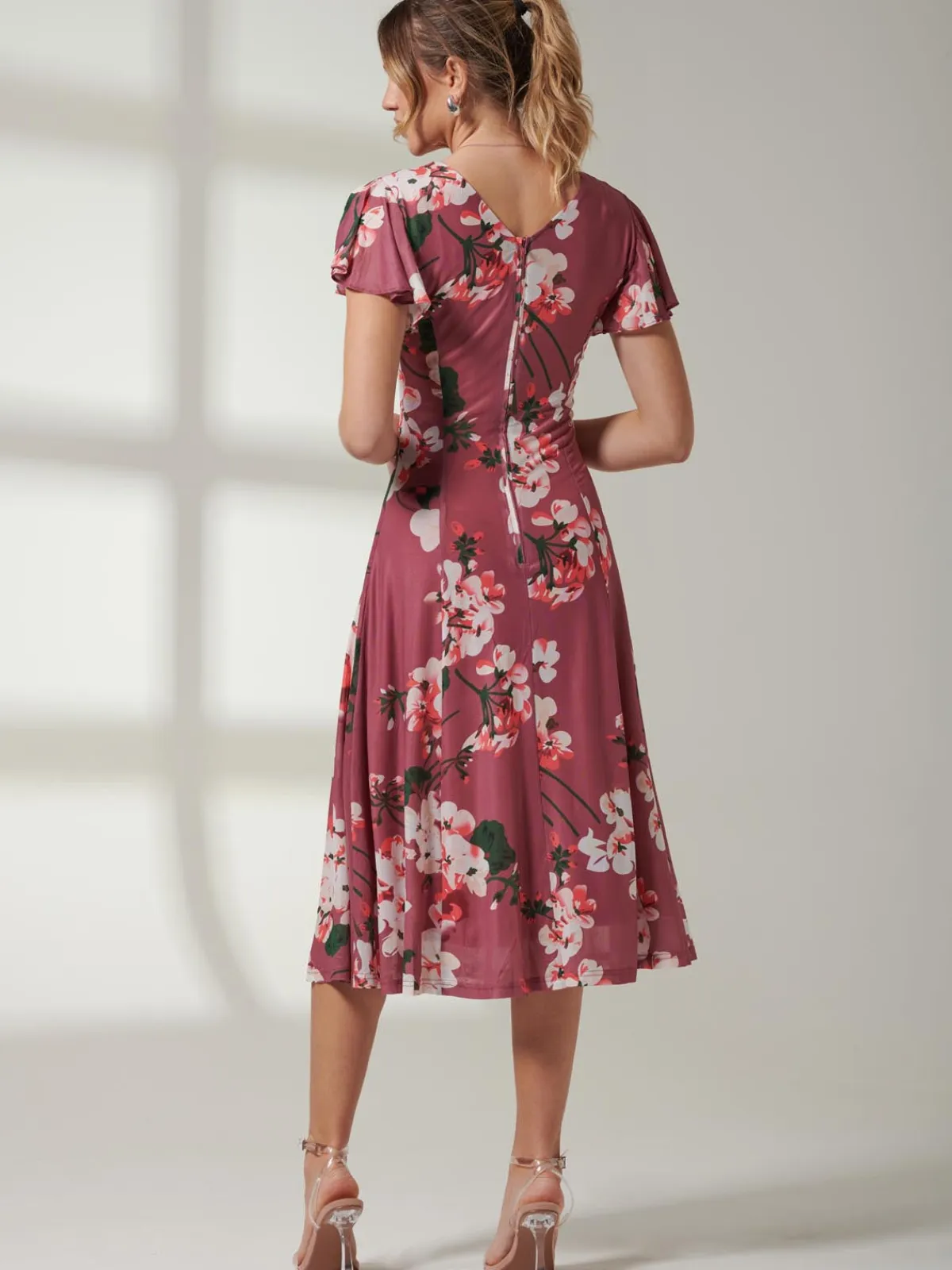 Jolie Moi Occasion Dresses|Floral Dresses-Bellona Fit & Flare Mesh Dress, Dark Mauve
