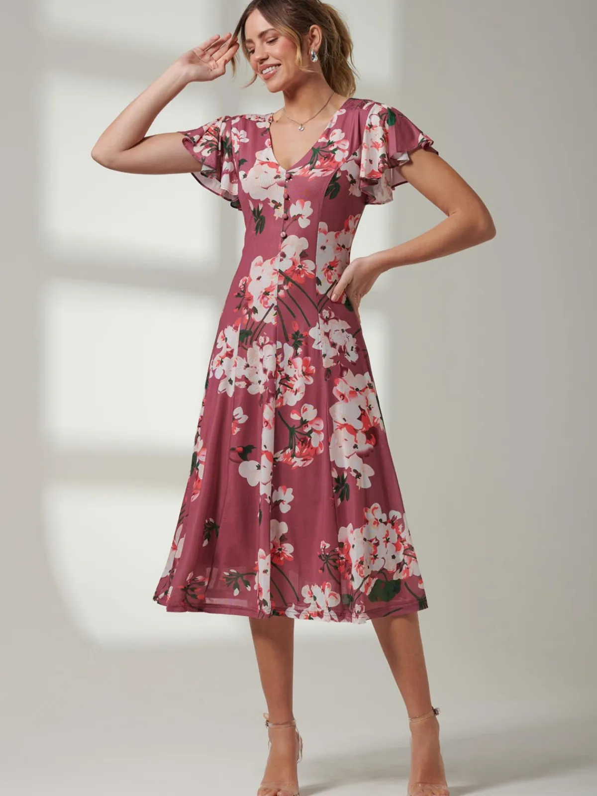 Jolie Moi Occasion Dresses|Floral Dresses-Bellona Fit & Flare Mesh Dress, Dark Mauve