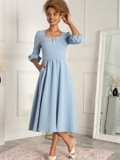 Jolie Moi Occasion Dresses|Office Dresses-Bell Sleeve Midi Dress, Blue