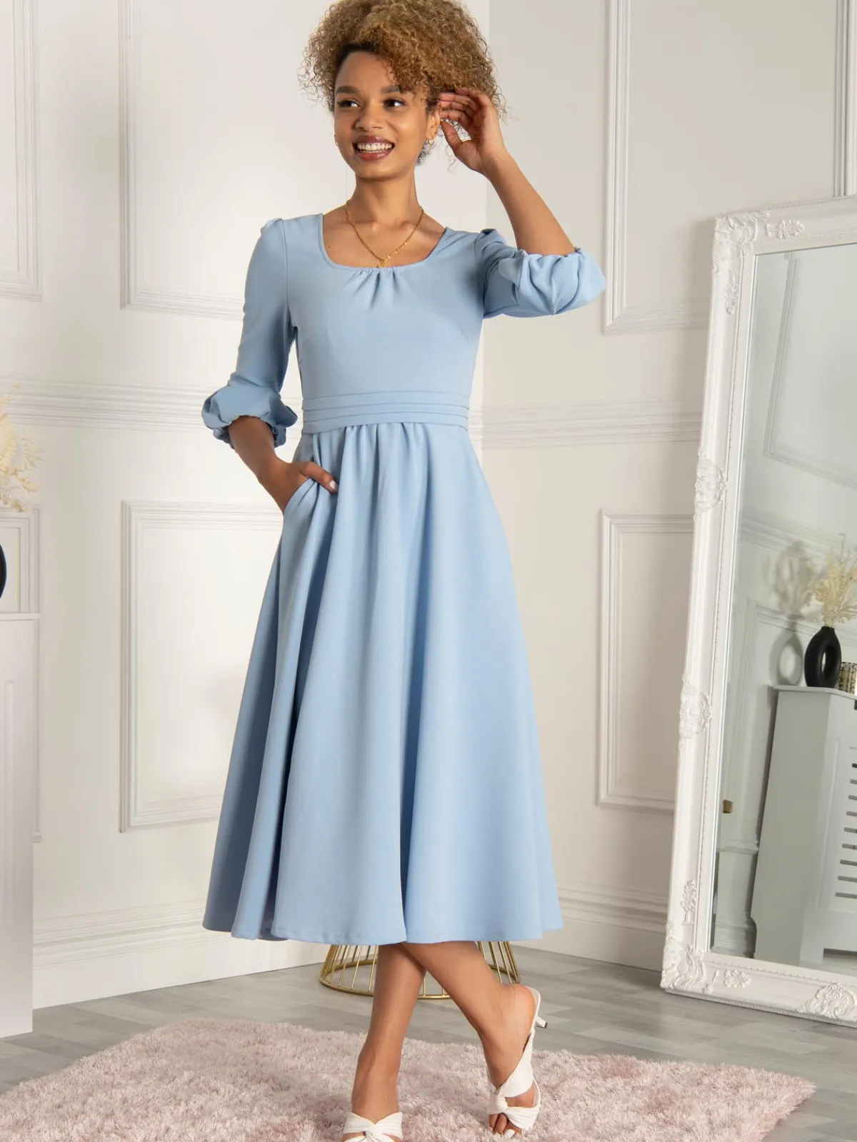 Jolie Moi Occasion Dresses|Office Dresses-Bell Sleeve Midi Dress, Blue