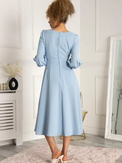 Jolie Moi Occasion Dresses|Office Dresses-Bell Sleeve Midi Dress, Blue