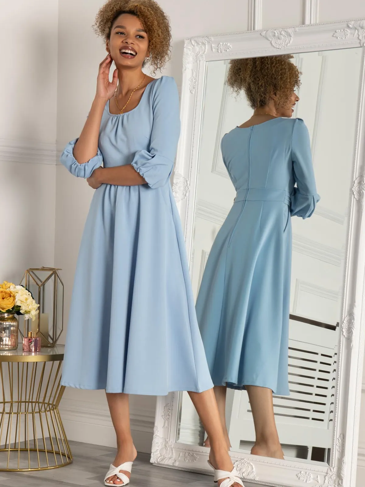 Jolie Moi Occasion Dresses|Office Dresses-Bell Sleeve Midi Dress, Blue