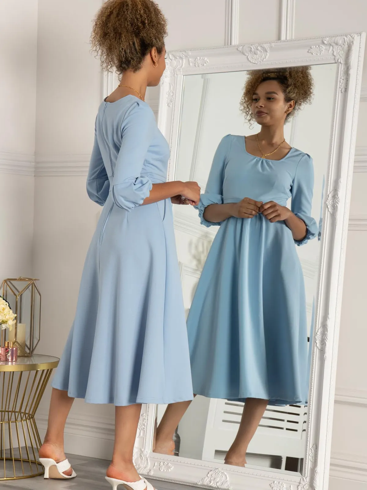 Jolie Moi Occasion Dresses|Office Dresses-Bell Sleeve Midi Dress, Blue