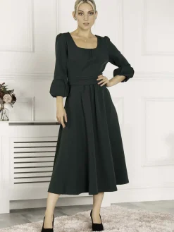 Jolie Moi Occasion Dresses|Office Wear-Bell Sleeve Midi Dress, Dark Green