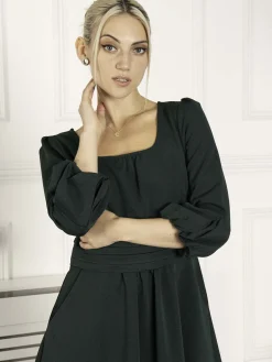Jolie Moi Occasion Dresses|Office Wear-Bell Sleeve Midi Dress, Dark Green