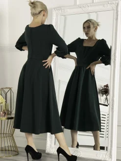 Jolie Moi Occasion Dresses|Office Wear-Bell Sleeve Midi Dress, Dark Green