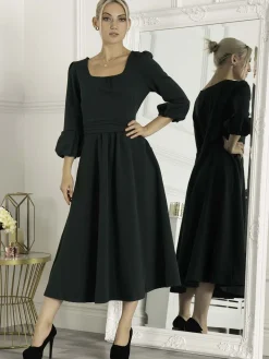 Jolie Moi Occasion Dresses|Office Wear-Bell Sleeve Midi Dress, Dark Green