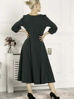 Jolie Moi Occasion Dresses|Office Wear-Bell Sleeve Midi Dress, Dark Green