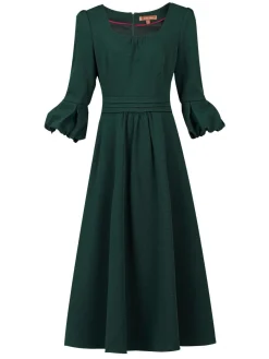 Jolie Moi Occasion Dresses|Office Wear-Bell Sleeve Midi Dress, Dark Green