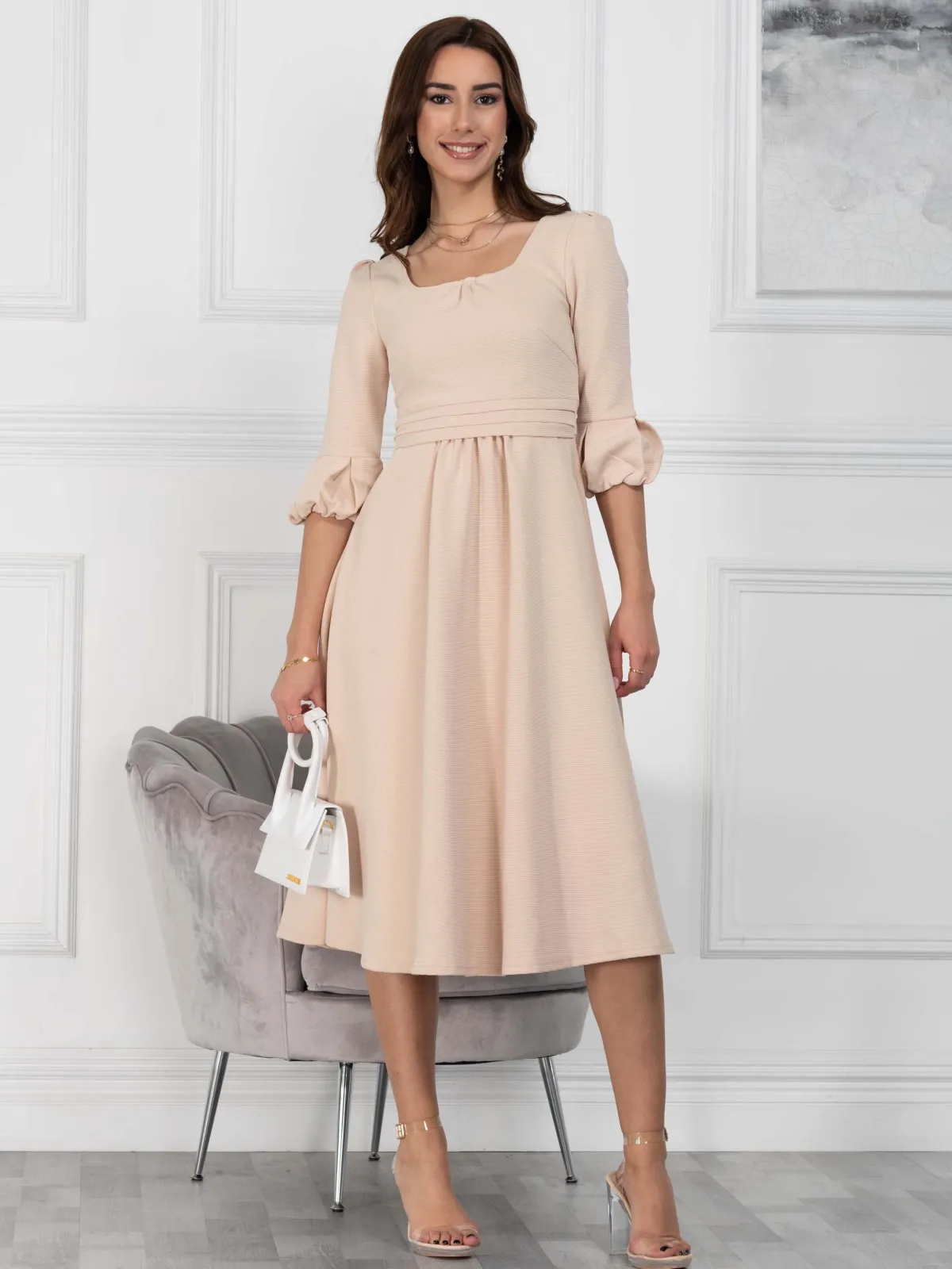 Jolie Moi Occasion Dresses|Office Dresses-Bell Sleeve Midi Dress, Oyster