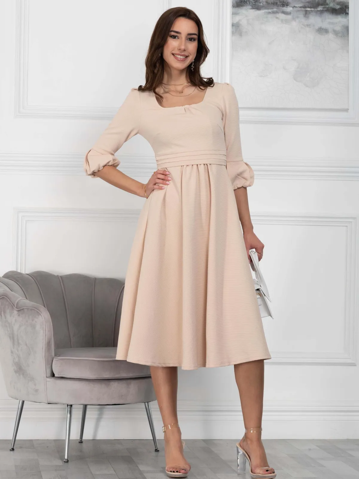 Jolie Moi Occasion Dresses|Office Dresses-Bell Sleeve Midi Dress, Oyster