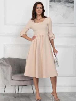 Jolie Moi Occasion Dresses|Office Dresses-Bell Sleeve Midi Dress, Oyster
