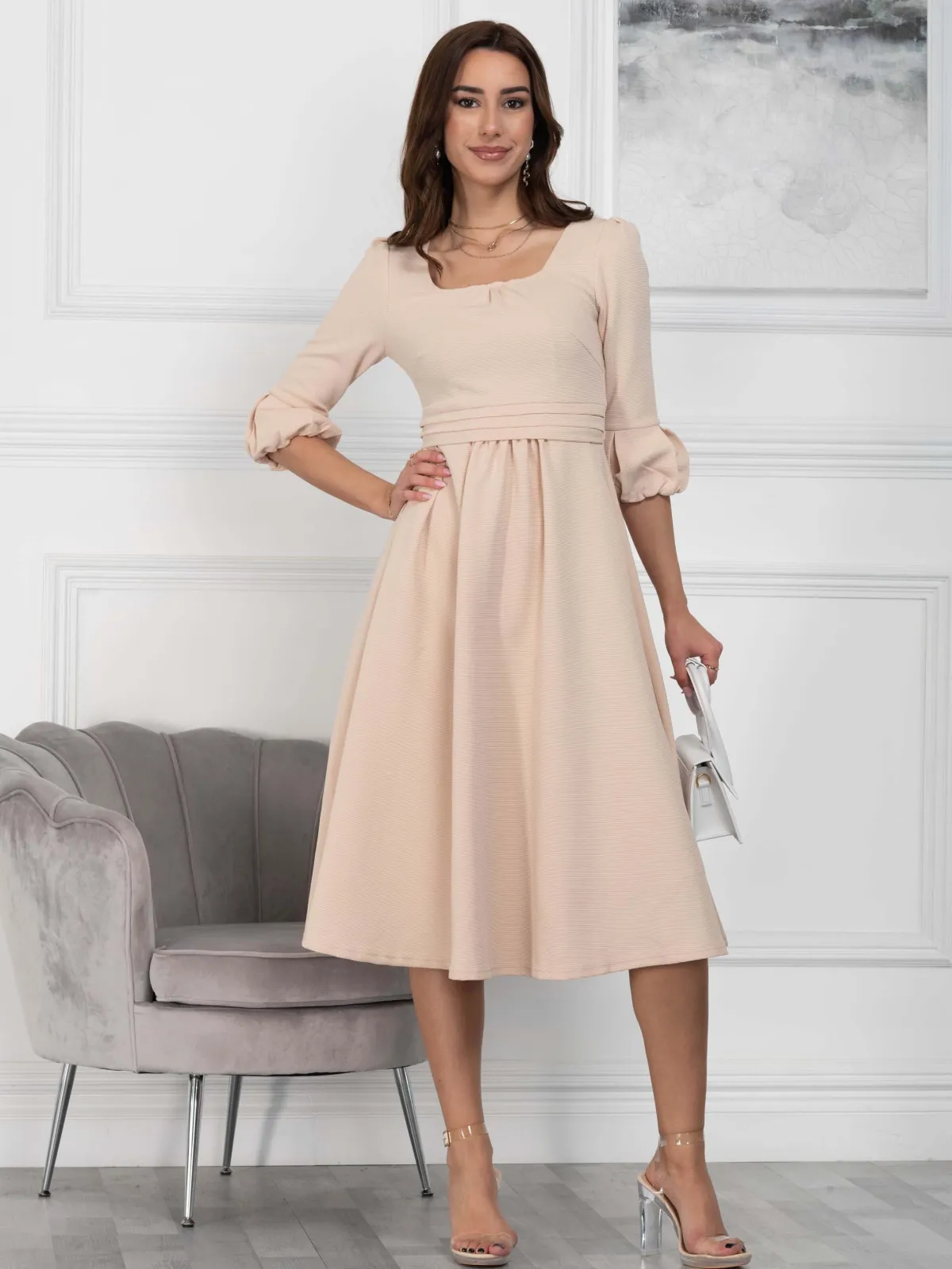 Jolie Moi Occasion Dresses|Office Dresses-Bell Sleeve Midi Dress, Oyster