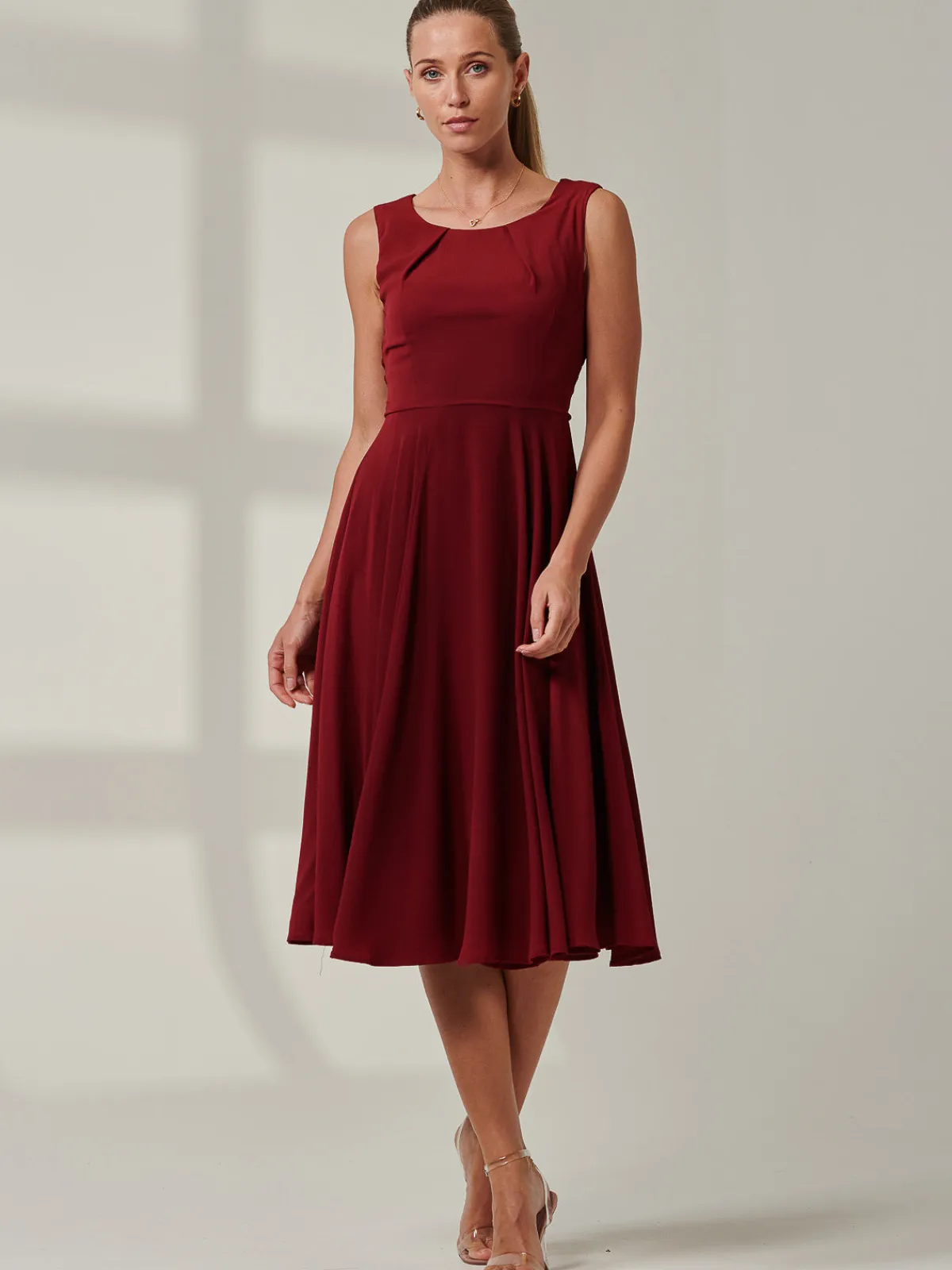 Jolie Moi Occasion Dresses|Weekend Casuals-Black Belted Fit And Flare Dress, Burgundy