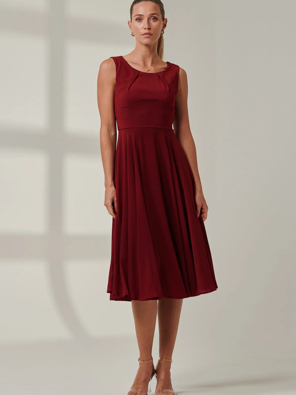 Jolie Moi Occasion Dresses|Weekend Casuals-Black Belted Fit And Flare Dress, Burgundy