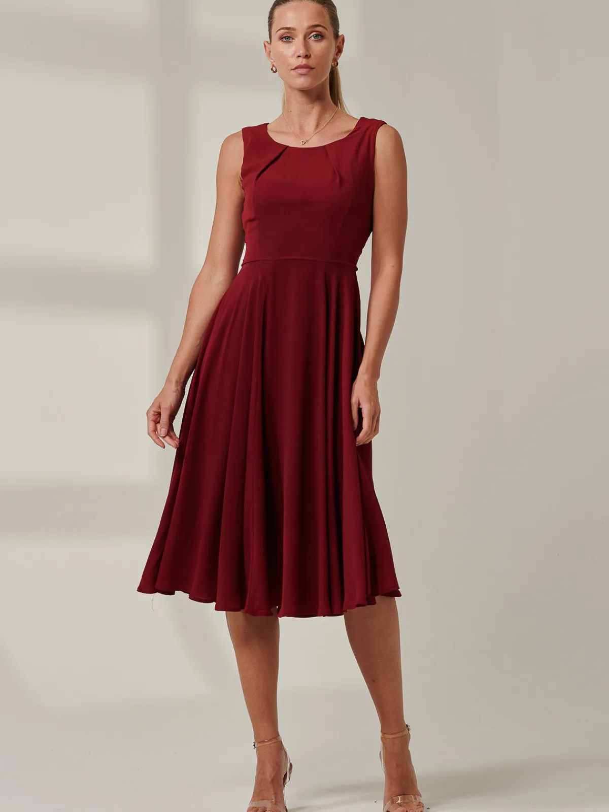 Jolie Moi Occasion Dresses|Weekend Casuals-Black Belted Fit And Flare Dress, Burgundy