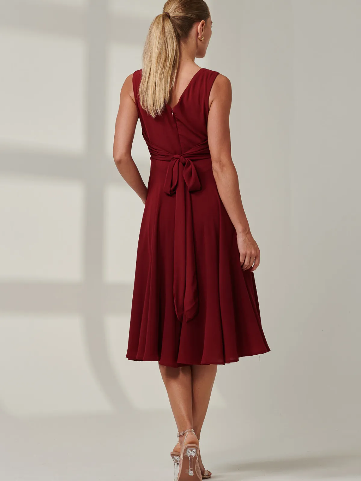 Jolie Moi Occasion Dresses|Weekend Casuals-Black Belted Fit And Flare Dress, Burgundy