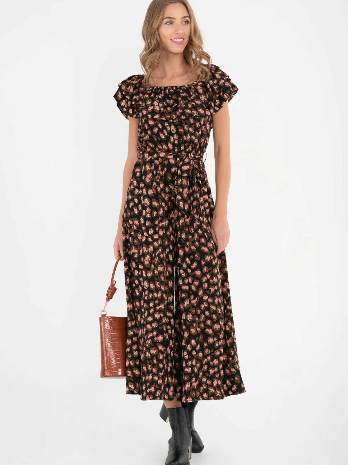 Jolie Moi Occasion Dresses|Animal Print Dresses-Brittany Animal Print Jumpsuit, Black/Animal