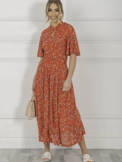 Jolie Moi Occasion Dresses|Floral Dresses-Carina Key Hole Mesh Midi Dress, Red Floral