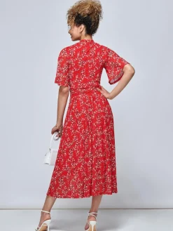 Jolie Moi Occasion Dresses|Floral Dresses-Carina Key Hole Mesh Midi Dress, Red Floral