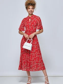 Jolie Moi Occasion Dresses|Floral Dresses-Carina Key Hole Mesh Midi Dress, Red Floral