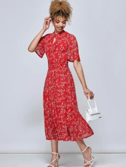 Jolie Moi Occasion Dresses|Floral Dresses-Carina Key Hole Mesh Midi Dress, Red Floral