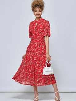 Jolie Moi Occasion Dresses|Floral Dresses-Carina Key Hole Mesh Midi Dress, Red Floral