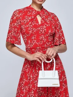 Jolie Moi Occasion Dresses|Floral Dresses-Carina Key Hole Mesh Midi Dress, Red Floral
