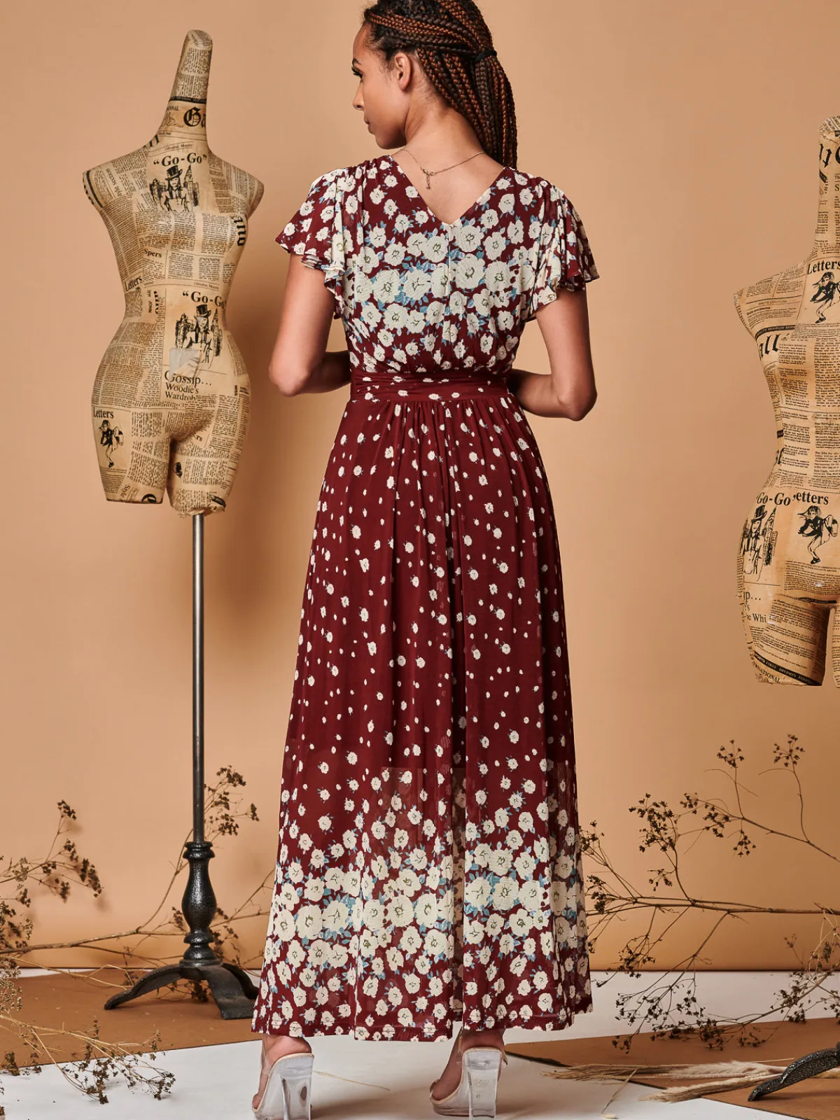 Jolie Moi Occasion Dresses|Floral Dresses-Carlii Floral Print Maxi Dress, Burgundy