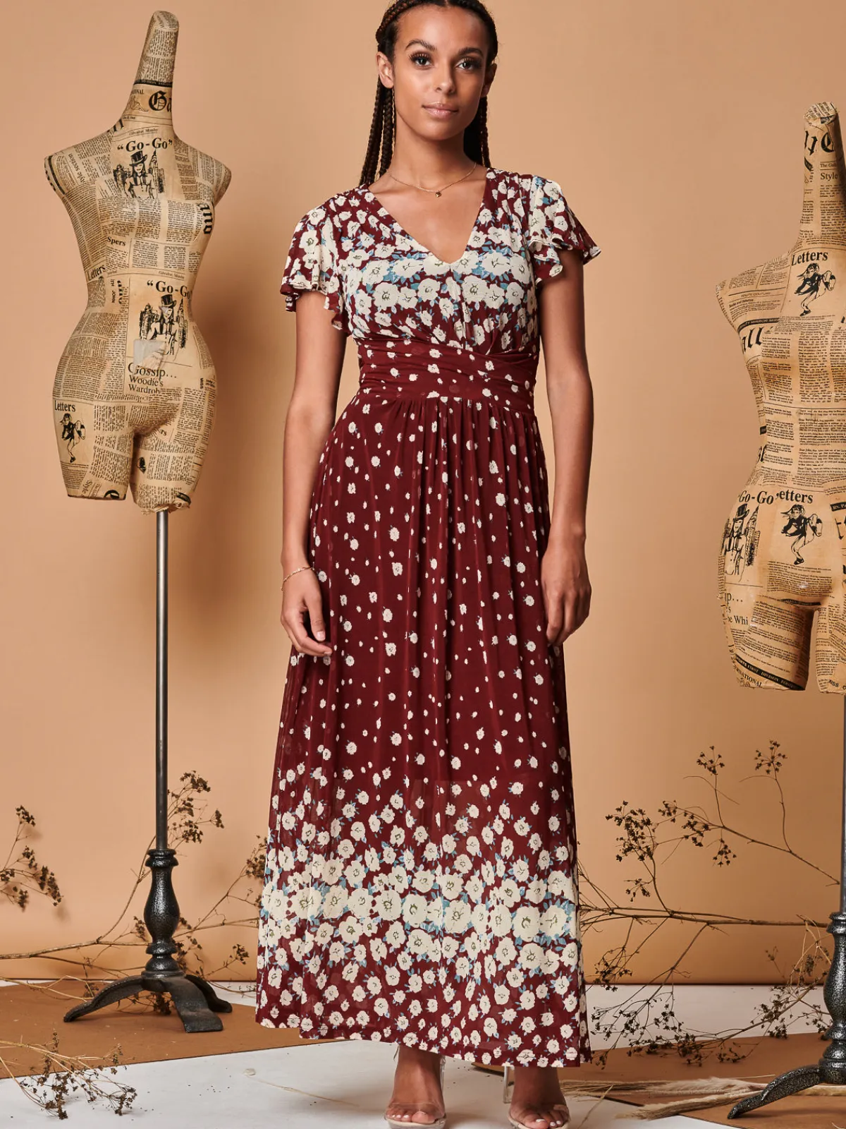 Jolie Moi Occasion Dresses|Floral Dresses-Carlii Floral Print Maxi Dress, Burgundy