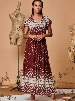 Jolie Moi Occasion Dresses|Floral Dresses-Carlii Floral Print Maxi Dress, Burgundy