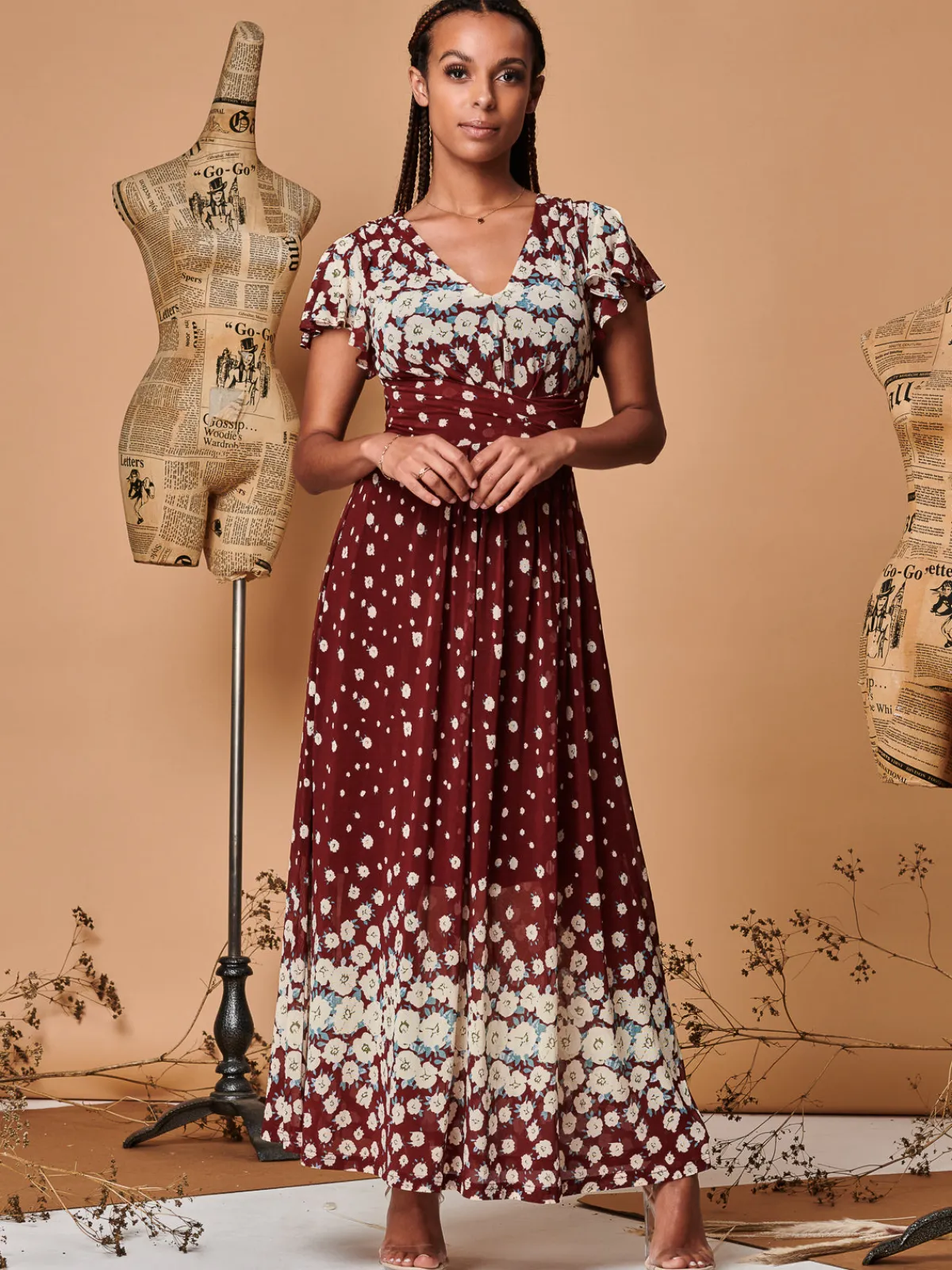 Jolie Moi Occasion Dresses|Floral Dresses-Carlii Floral Print Maxi Dress, Burgundy