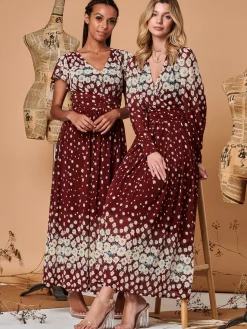 Jolie Moi Occasion Dresses|Floral Dresses-Carlii Floral Print Maxi Dress, Burgundy