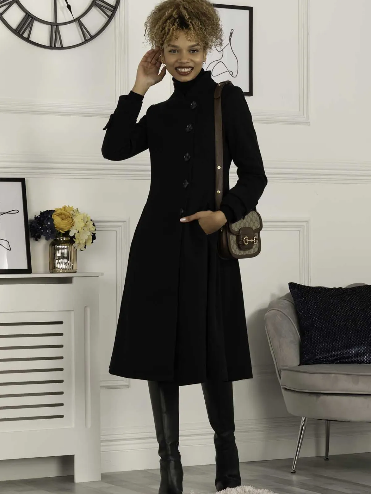 Jolie Moi Coats & Jackets-Caroline Asymmetric Button Coat, Black
