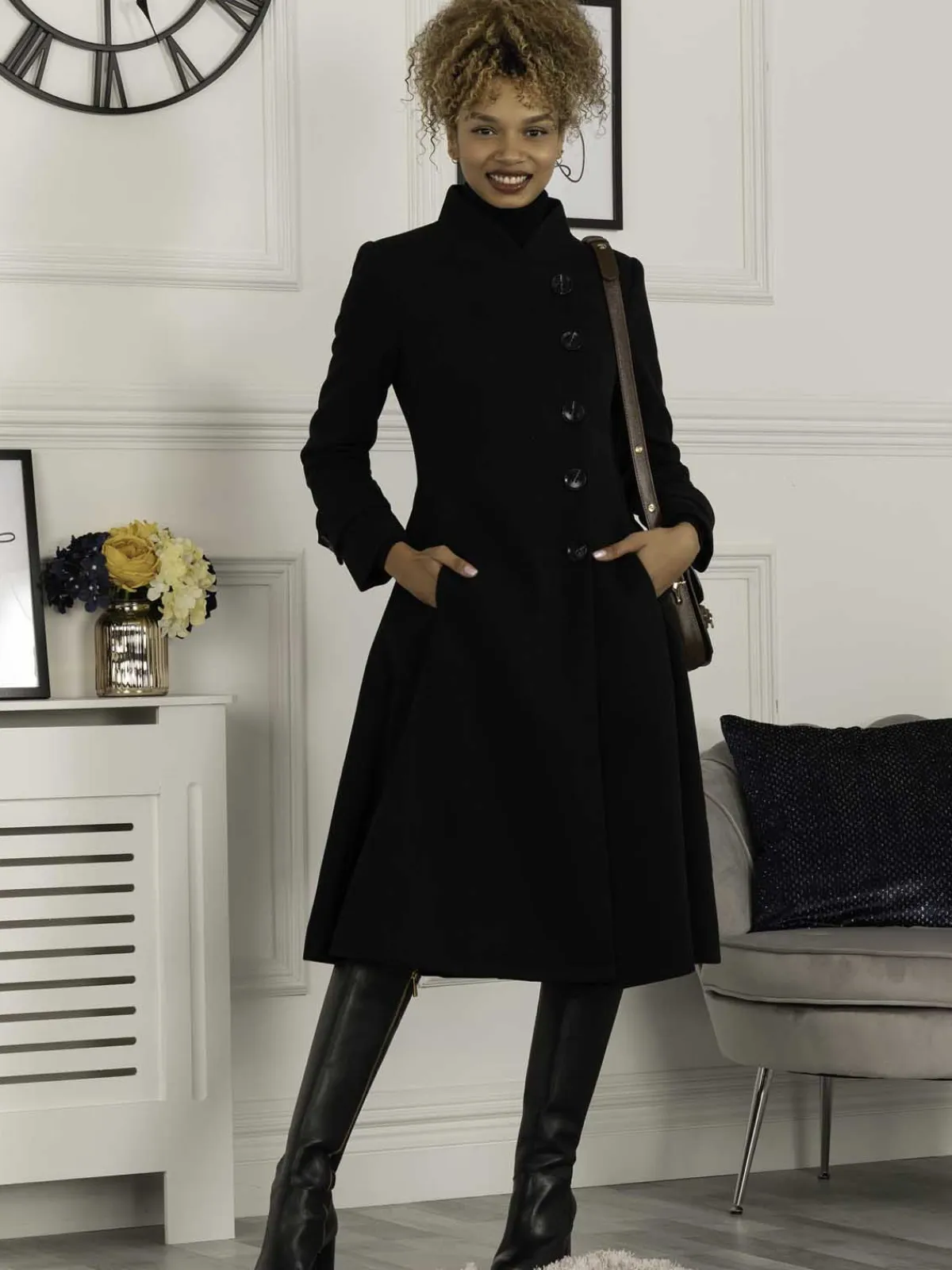 Jolie Moi Coats & Jackets-Caroline Asymmetric Button Coat, Black