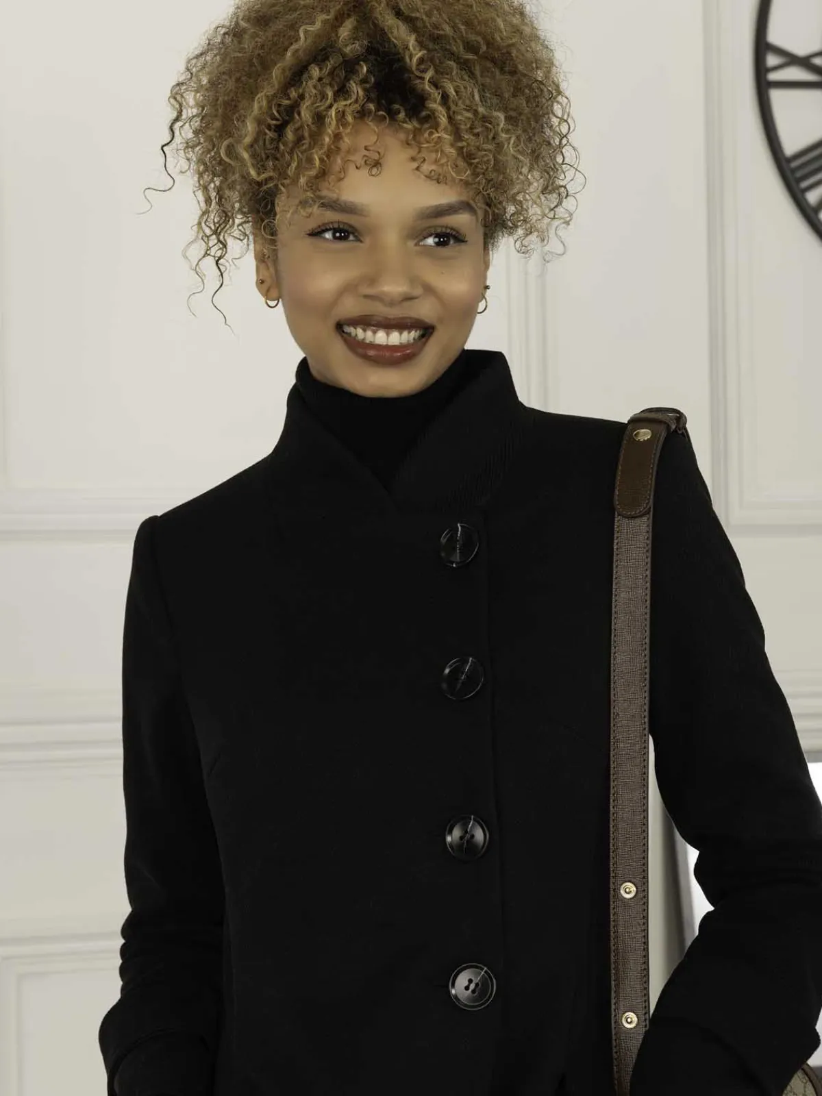 Jolie Moi Coats & Jackets-Caroline Asymmetric Button Coat, Black