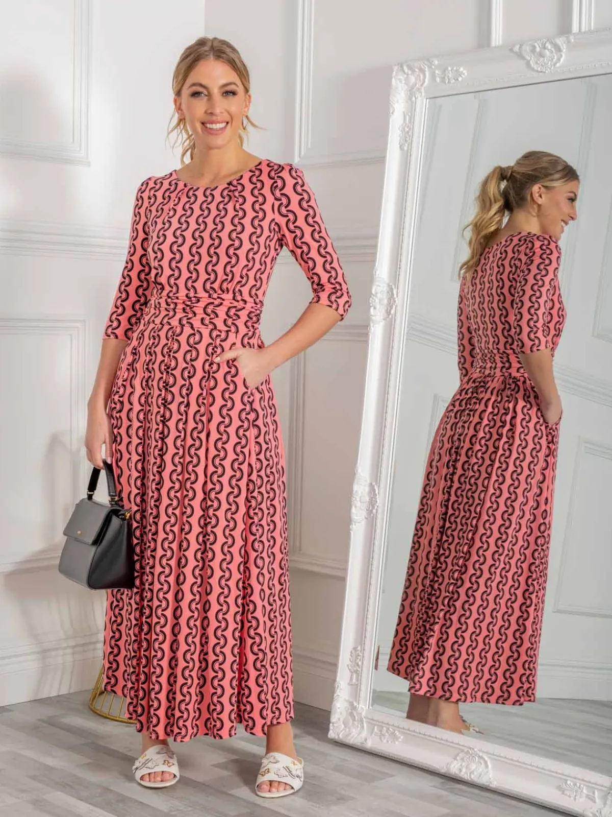 Jolie Moi Occasion Dresses|Jersey Dresses-Cierra 3/4 Sleeve Maxi Dress, Coral Pink