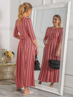Jolie Moi Occasion Dresses|Jersey Dresses-Cierra 3/4 Sleeve Maxi Dress, Coral Pink