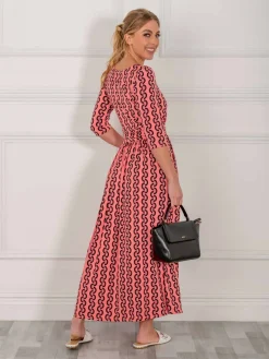 Jolie Moi Occasion Dresses|Jersey Dresses-Cierra 3/4 Sleeve Maxi Dress, Coral Pink