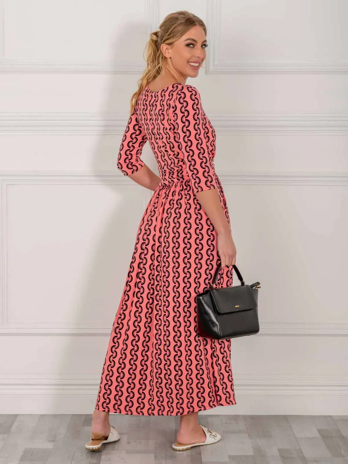 Jolie Moi Occasion Dresses|Jersey Dresses-Cierra 3/4 Sleeve Maxi Dress, Coral Pink