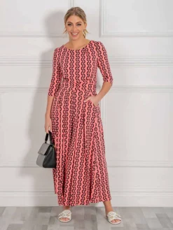 Jolie Moi Occasion Dresses|Jersey Dresses-Cierra 3/4 Sleeve Maxi Dress, Coral Pink