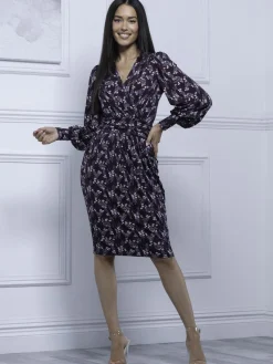 Jolie Moi Occasion Dresses|Jersey Dresses-Danielle Long Sleeve Dress, Navy Floral