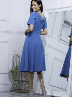 Jolie Moi Occasion Dresses|Office Wear-Debora Button Neck Dress, Blue