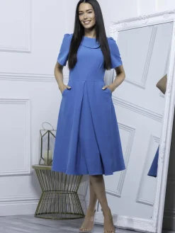 Jolie Moi Occasion Dresses|Office Wear-Debora Button Neck Dress, Blue