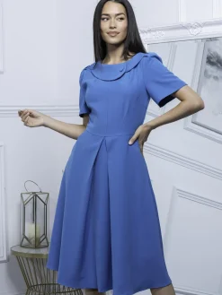 Jolie Moi Occasion Dresses|Office Wear-Debora Button Neck Dress, Blue