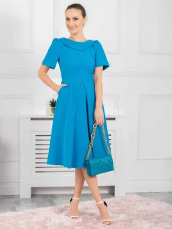 Jolie Moi Occasion Dresses|Office Wear-Debora Button Neck Dress, Blue