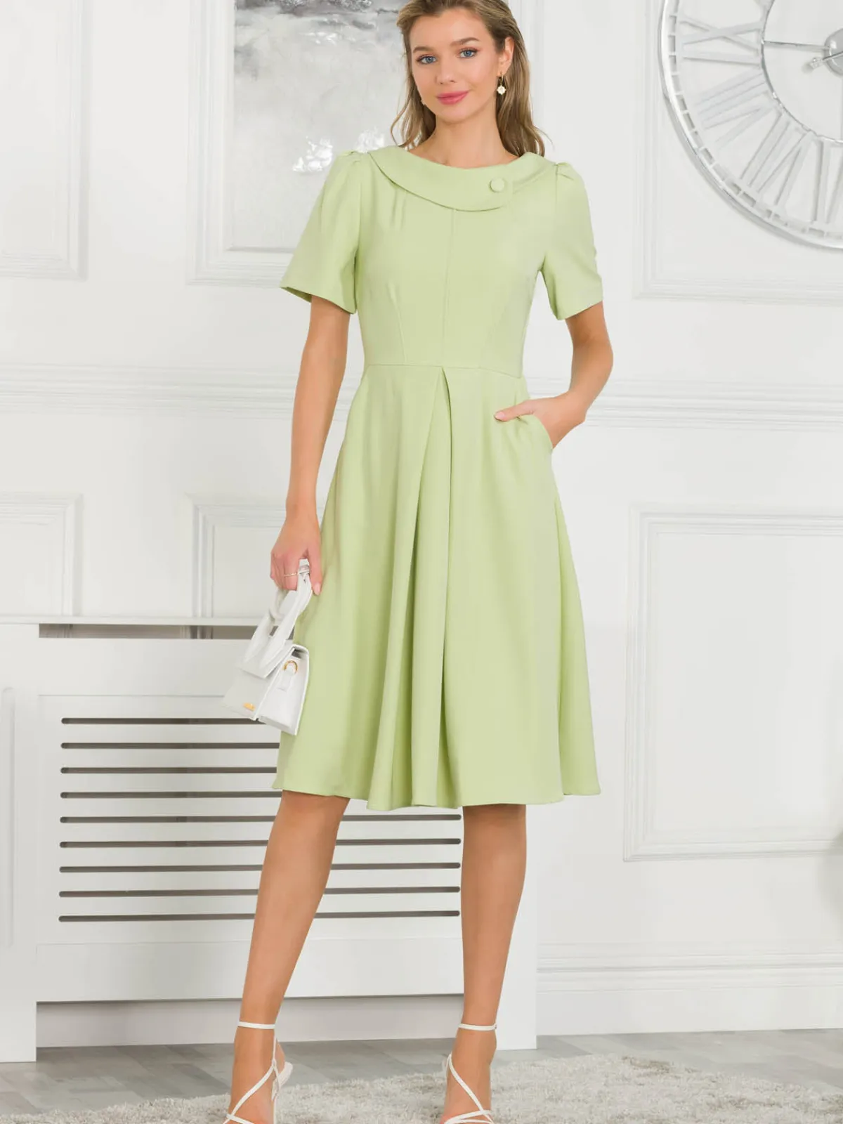 Jolie Moi Occasion Dresses|Mother Of The Bride-Debora Button Neck Dress, Citrus Green