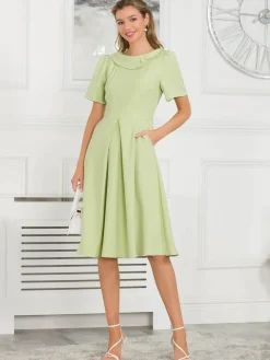 Jolie Moi Occasion Dresses|Mother Of The Bride-Debora Button Neck Dress, Citrus Green