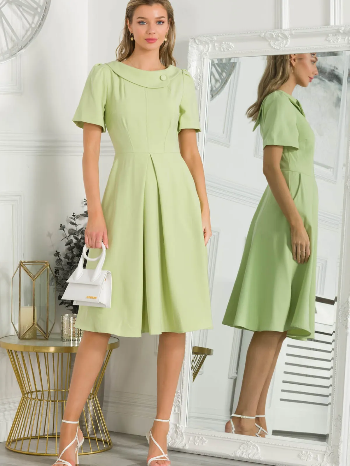 Jolie Moi Occasion Dresses|Mother Of The Bride-Debora Button Neck Dress, Citrus Green