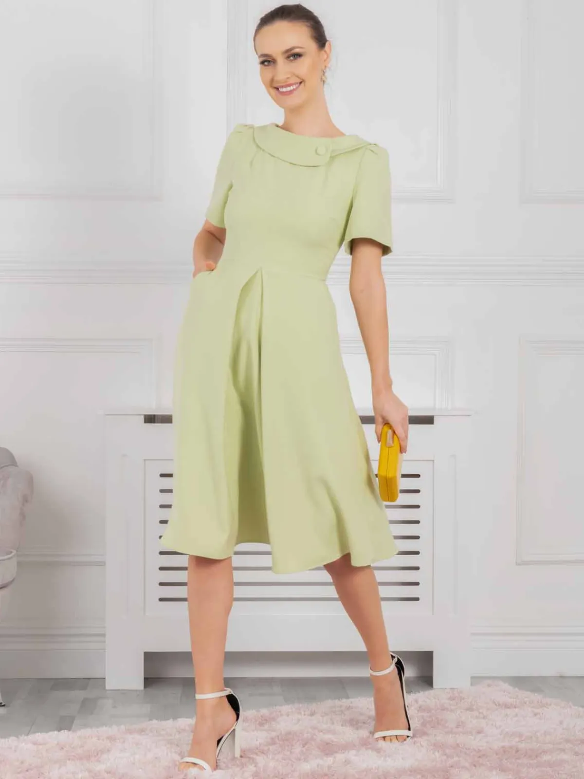 Jolie Moi Occasion Dresses|Mother Of The Bride-Debora Button Neck Dress, Citrus Green